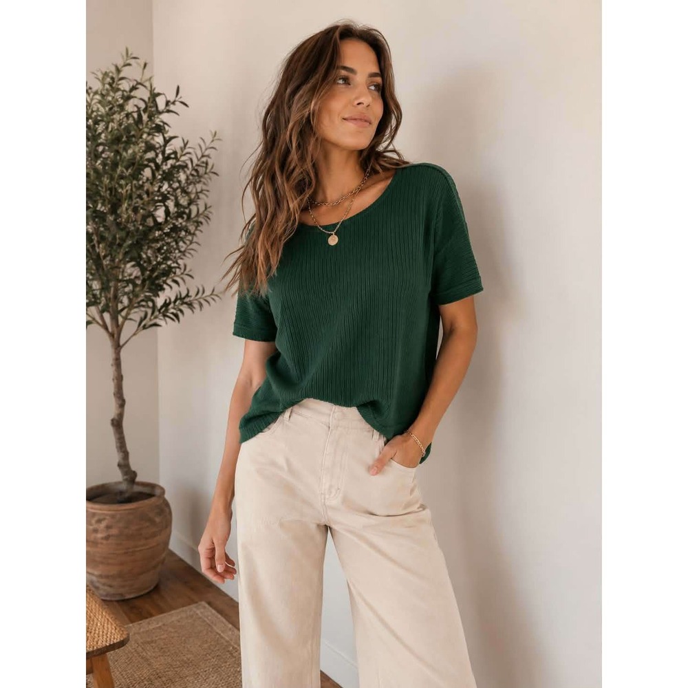 Vintage One Step Up Green Textured Knit Top Women's M Y2K 90s Short Sleeve